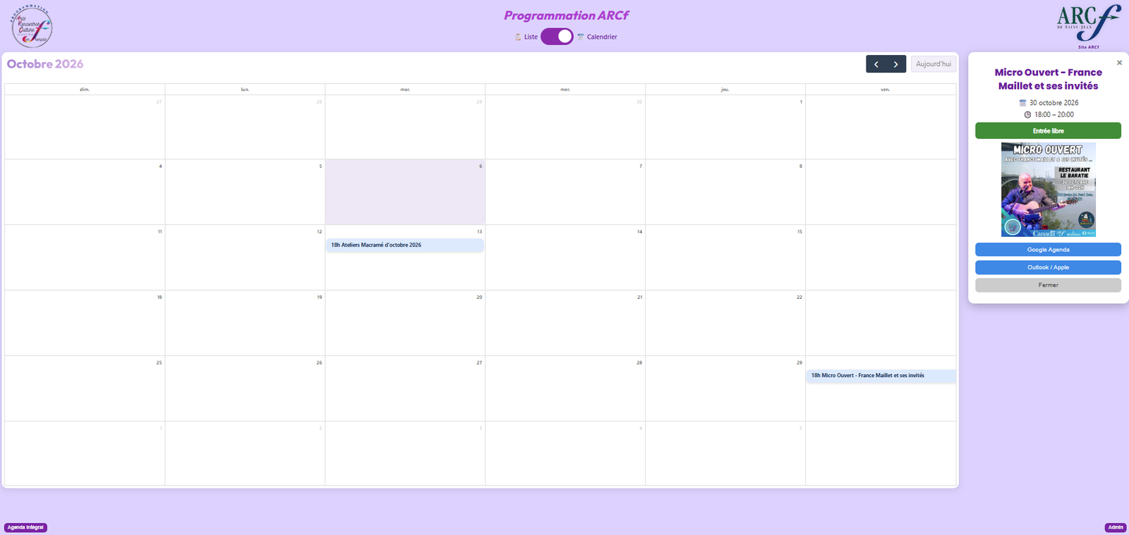 Agenda ARCf vue calendrier